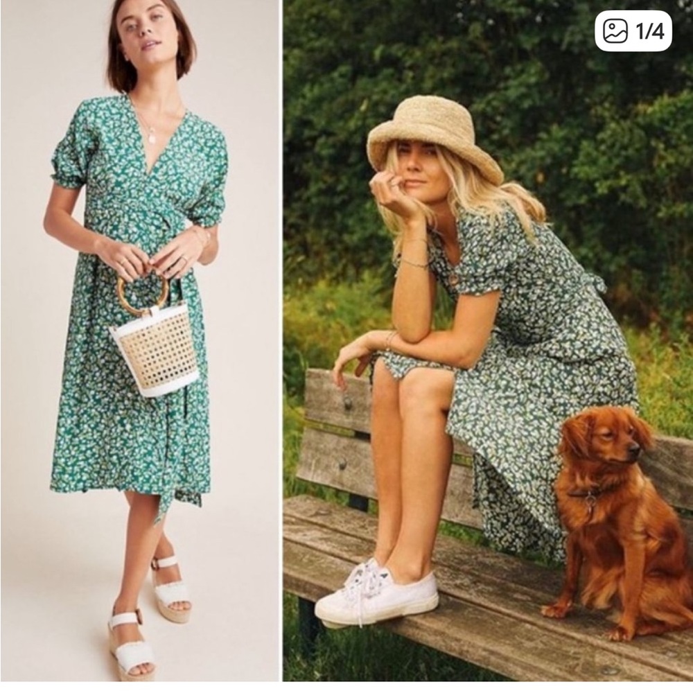 Faithfull The Brand Farah midi dress in a green ditsy floral print. Like new